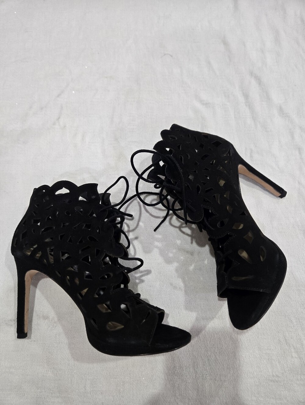 Via Spiga Oria Leather Black Laser-Cut Lace-Up High Heel Booties